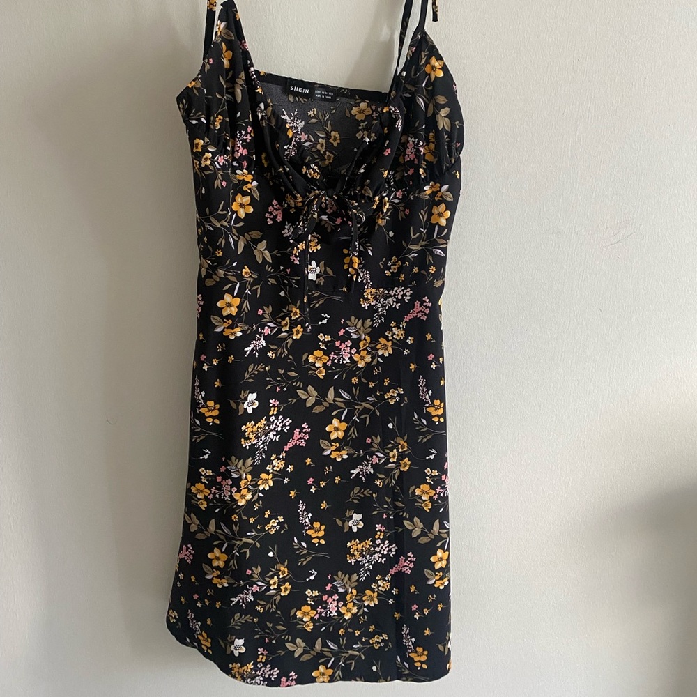 Tie strap black floral print dress
